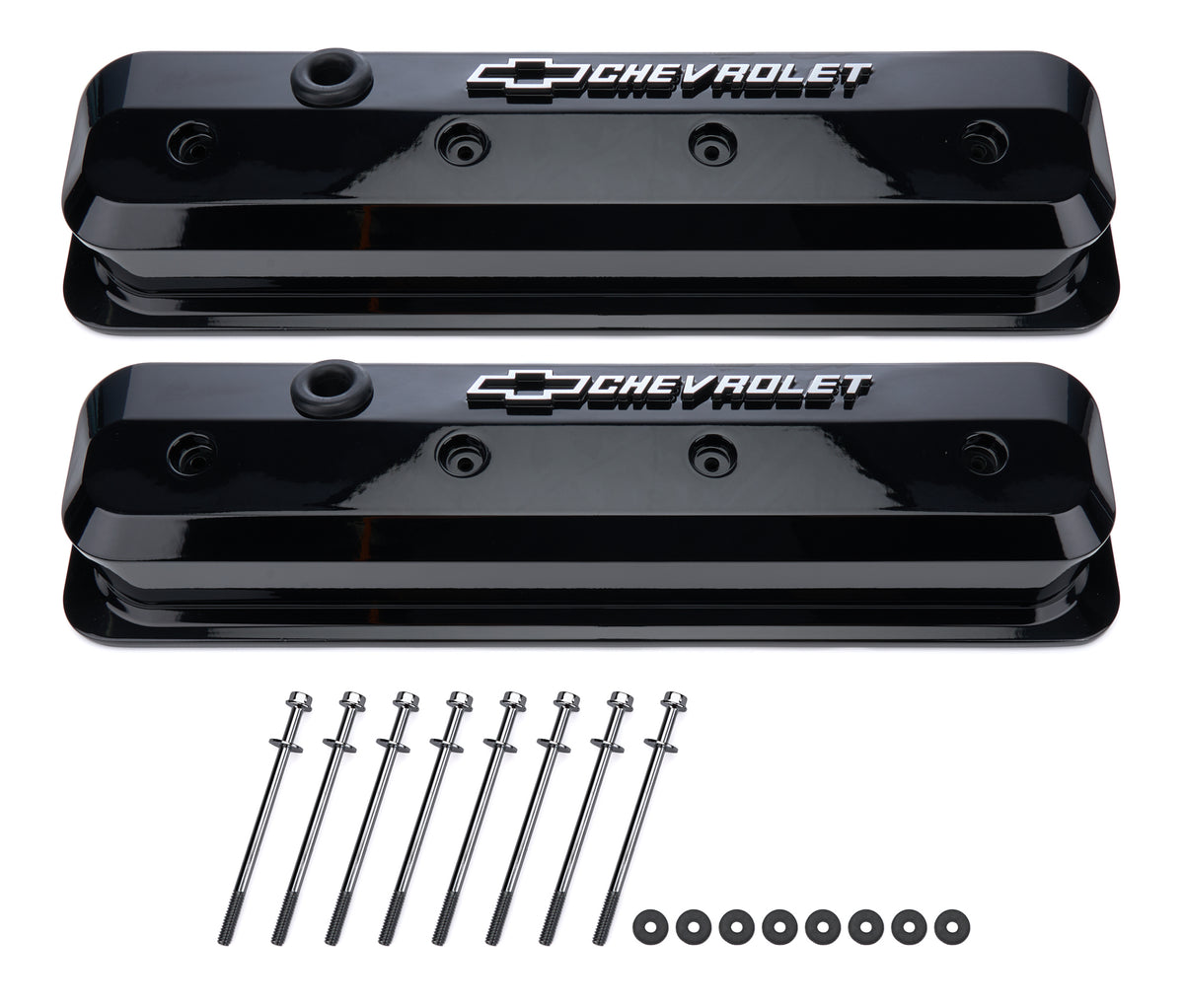 Proform Slant-Edge Tall Aluminum Valve Cover - Baffled - Breather Hole - Raised Milled Chevrolet Logo - Black - Small Block Chevy (Pair)