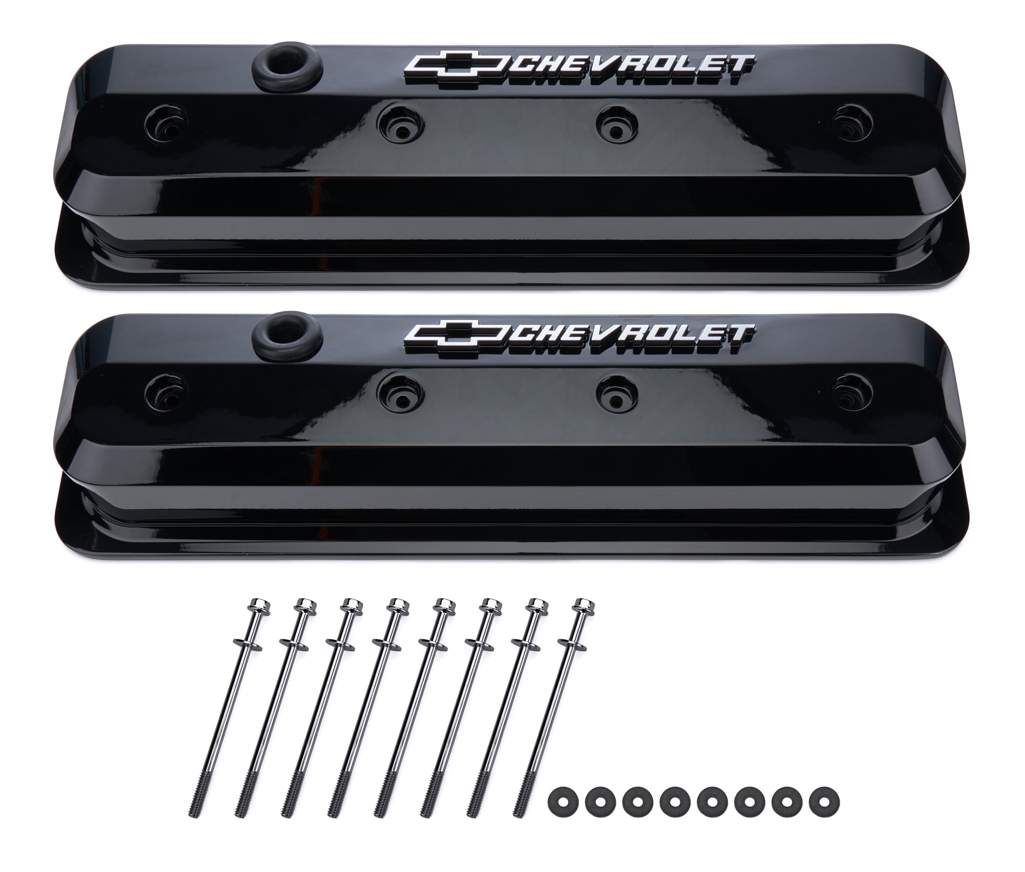 Proform Slant-Edge Tall Aluminum Valve Cover - Baffled - Breather Hole - Raised Milled Chevrolet Logo - Black - Small Block Chevy (Pair)