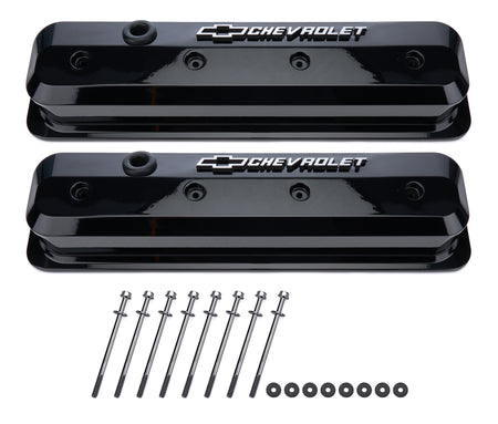 Proform Slant-Edge Tall Aluminum Valve Cover - Baffled - Breather Hole - Raised Milled Chevrolet Logo - Black - Small Block Chevy (Pair)