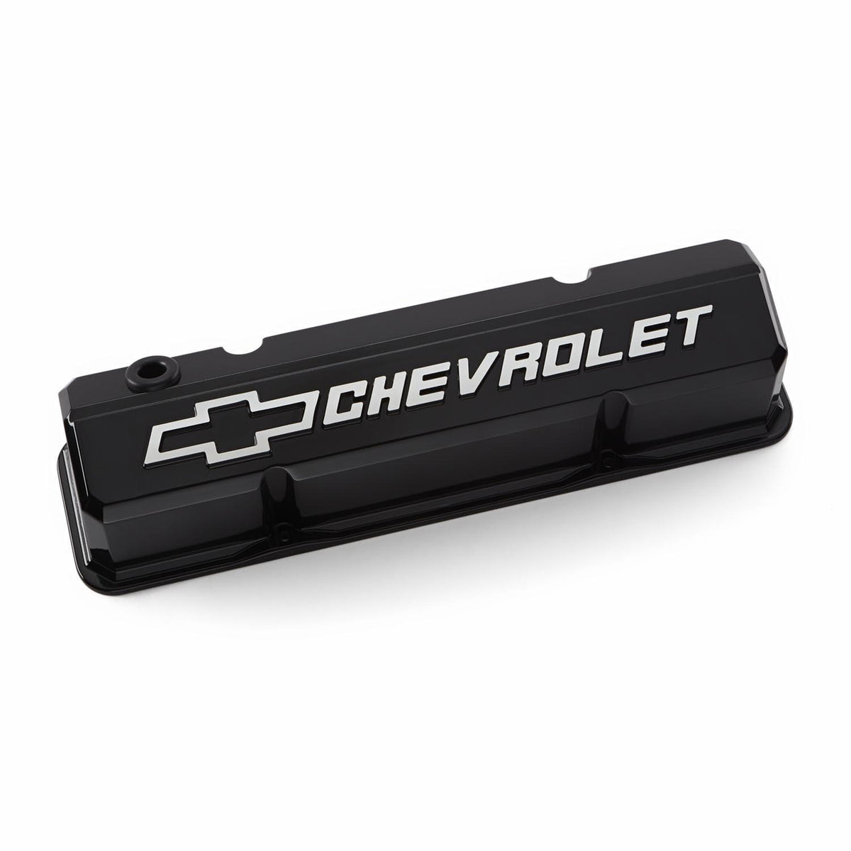 Proform Slant-Edge Tall Aluminum Valve Cover - Baffled - Breather Hole - Raised Chevrolet Bowtie Logo - Black - Small Block Chevy (Pair)