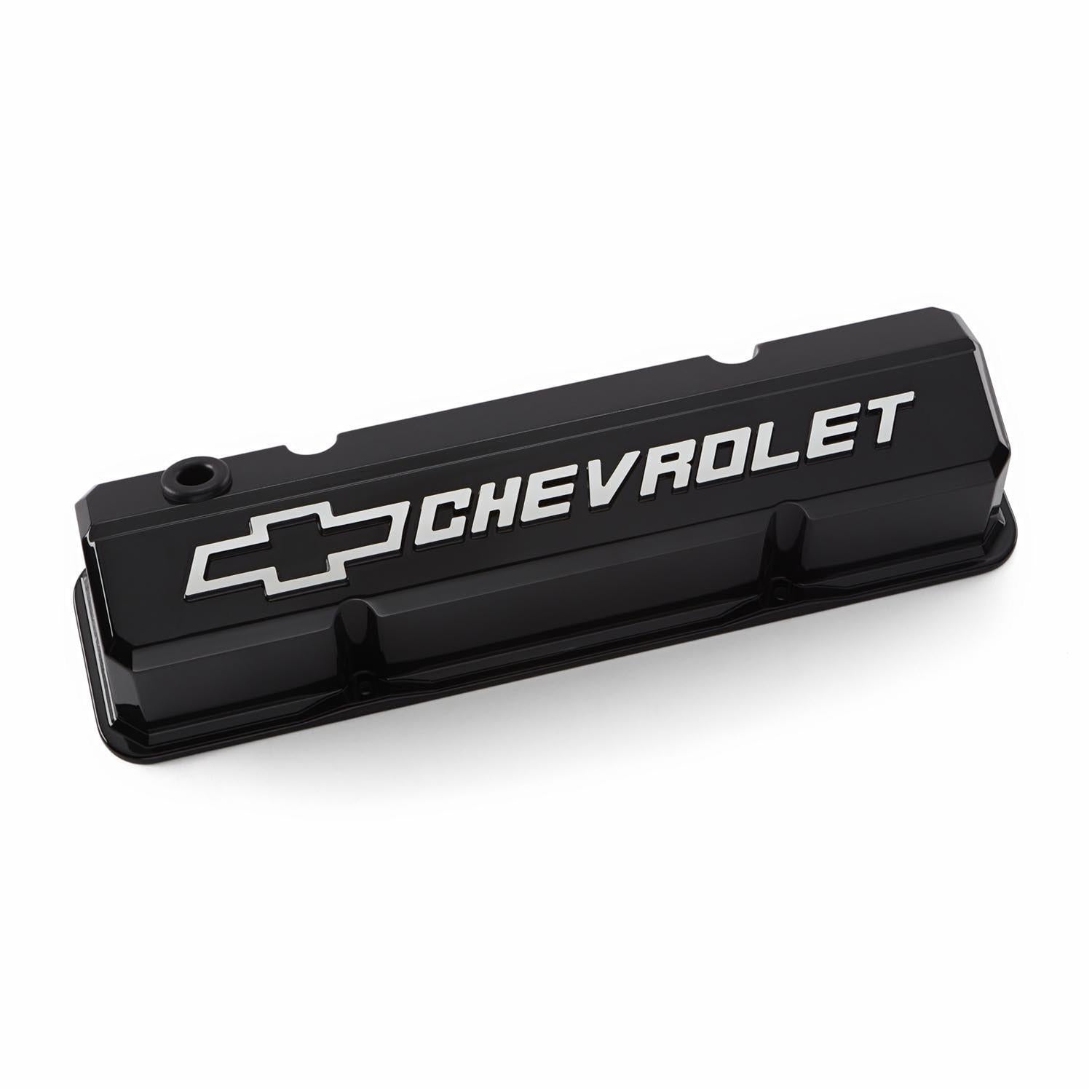 Proform Slant-Edge Tall Aluminum Valve Cover - Baffled - Breather Hole - Raised Chevrolet Bowtie Logo - Black - Small Block Chevy (Pair)