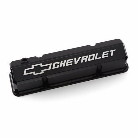 Proform Slant-Edge Tall Aluminum Valve Cover - Baffled - Breather Hole - Raised Chevrolet Bowtie Logo - Black - Small Block Chevy (Pair)