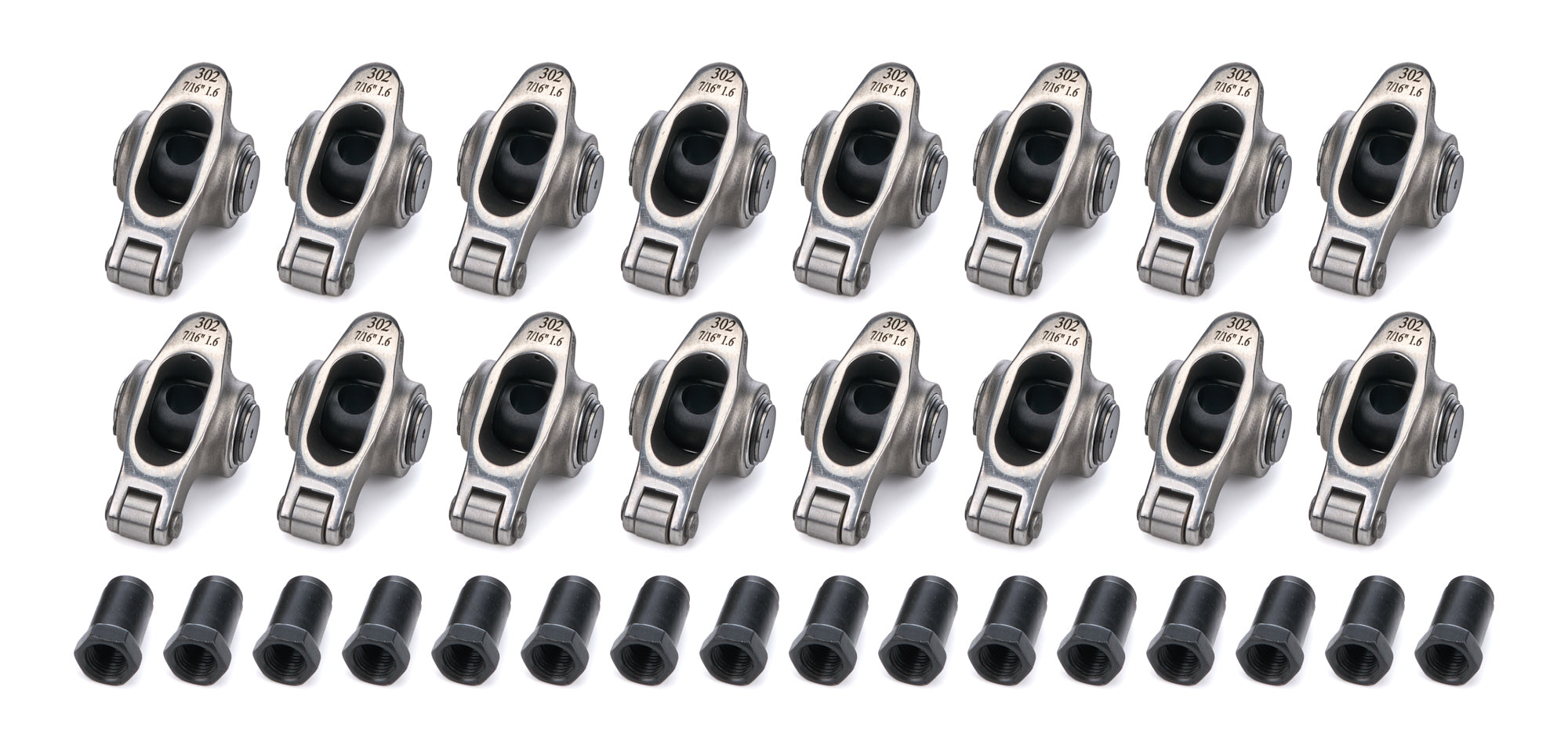 PRW Industries Elite Series Stainless Roller Rocker Arm - 7/16 in Stud Mount - 1.60 Ratio - AMC V8 / Pontiac V8 / Oldsmobile V8 (Set of 16)