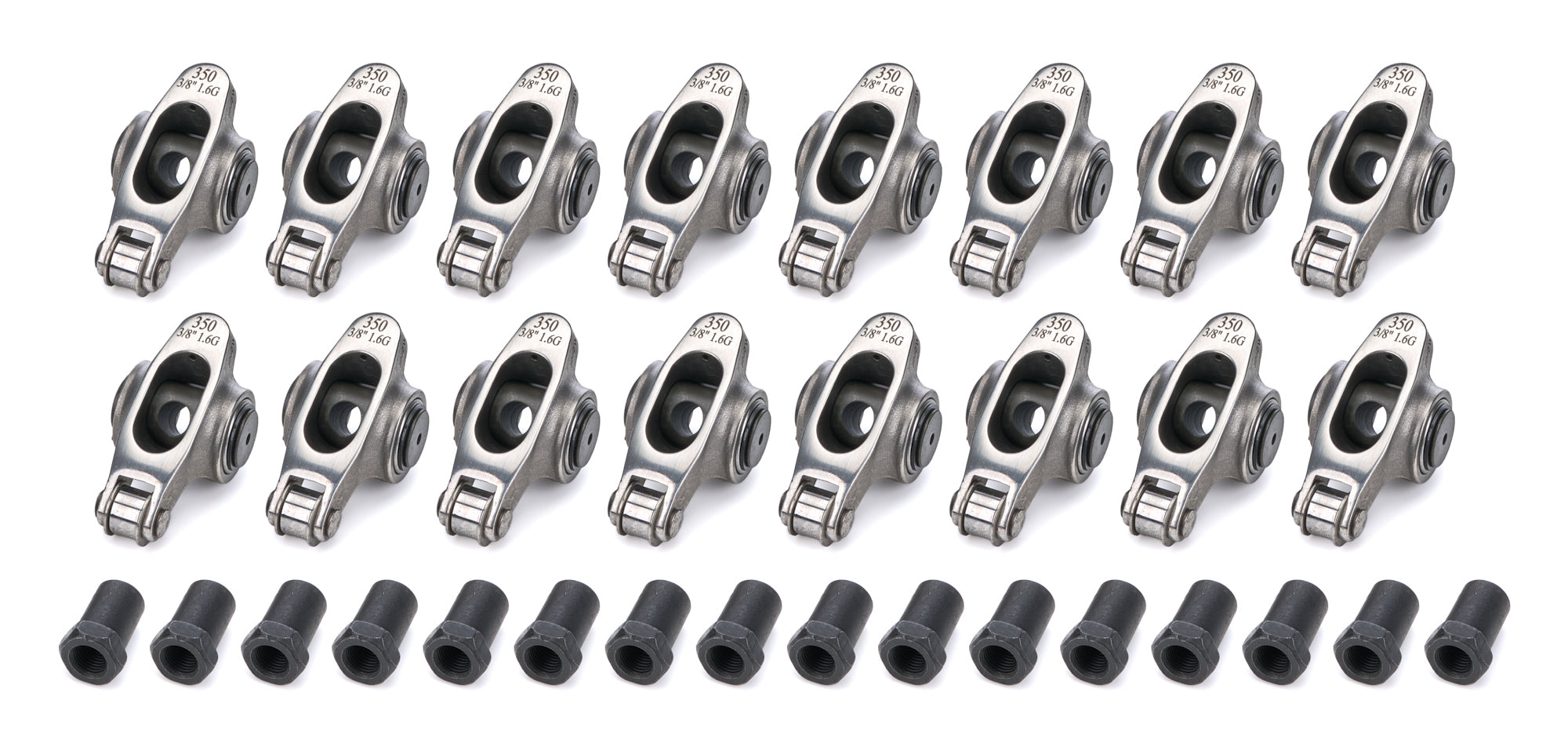 PRW Industries Pro Series Billet Aluminum Roller Rocker Arm - 3/8 in Stud Mount - 1.60 Ratio - Clear - Small Block Chevy (Set of 16)