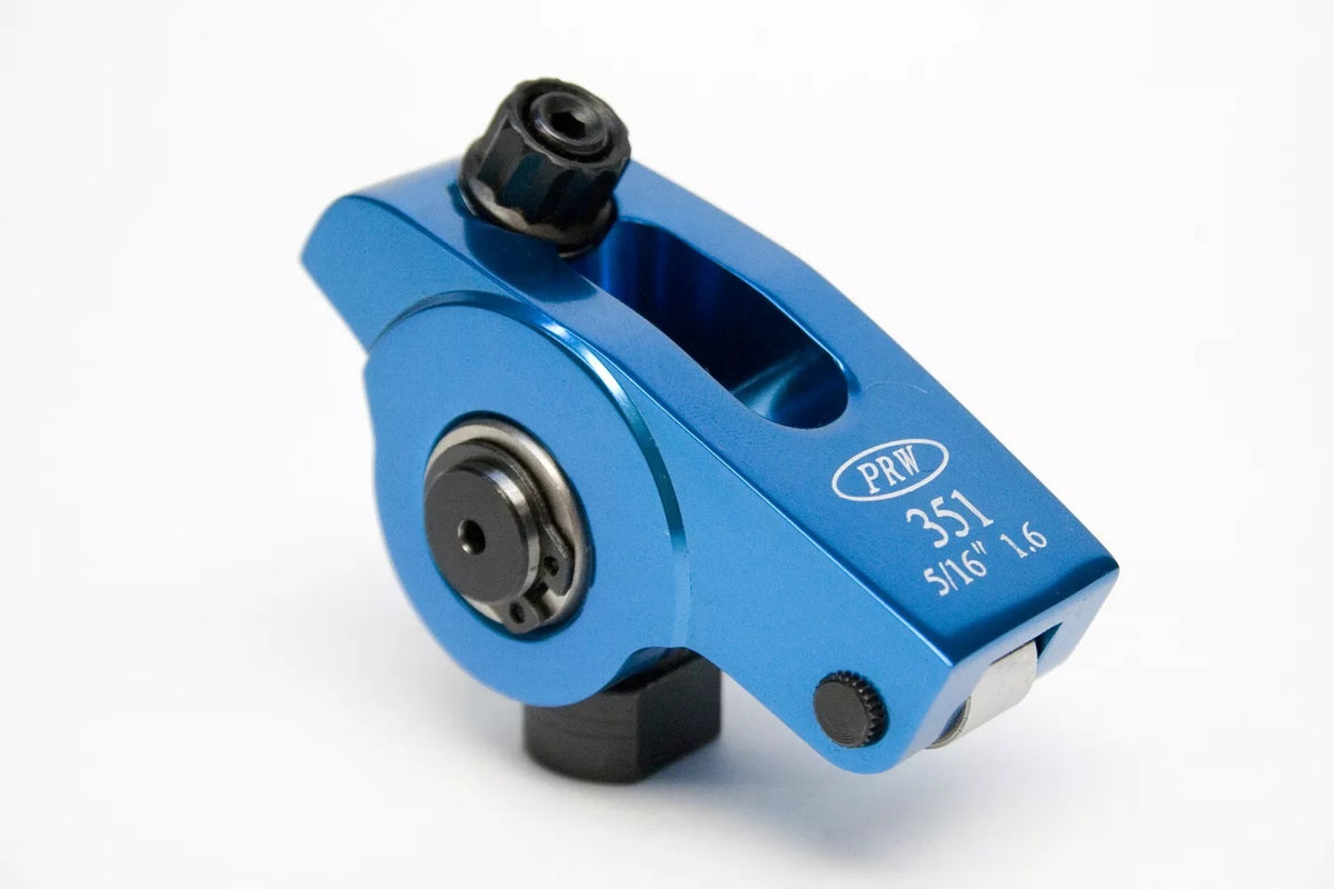 PRW Industries Adjustable Pedestal Aluminum Roller Rocker Arm - 5/16 in Pedestal Mount - 1.60 Ratio - Blue - Small Block Ford (Set of 16)