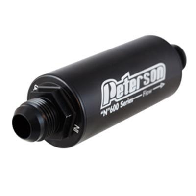 Peterson 600 Series In-Line Fuel Filter - 100 Micron - Stainless Element - 8 AN Male Inlet/Outlet - Black