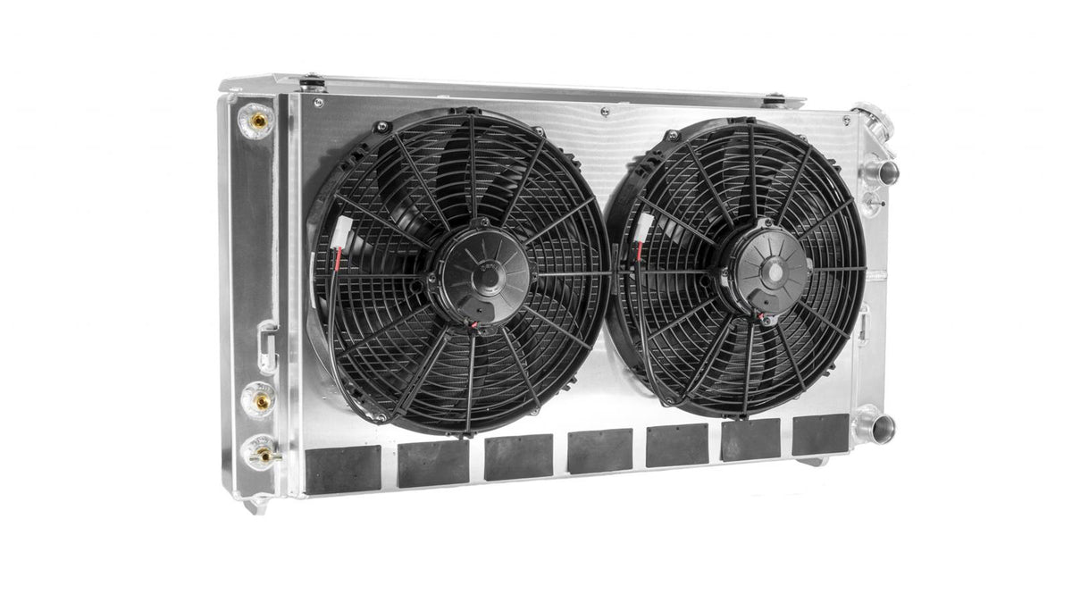 PWR Aluminum Radiator & Fan Kit w/ Oil Cooler- 33.25 in W x 18.75 in H x 7 in D - GM LS-Series - GM A-Body 1968-72