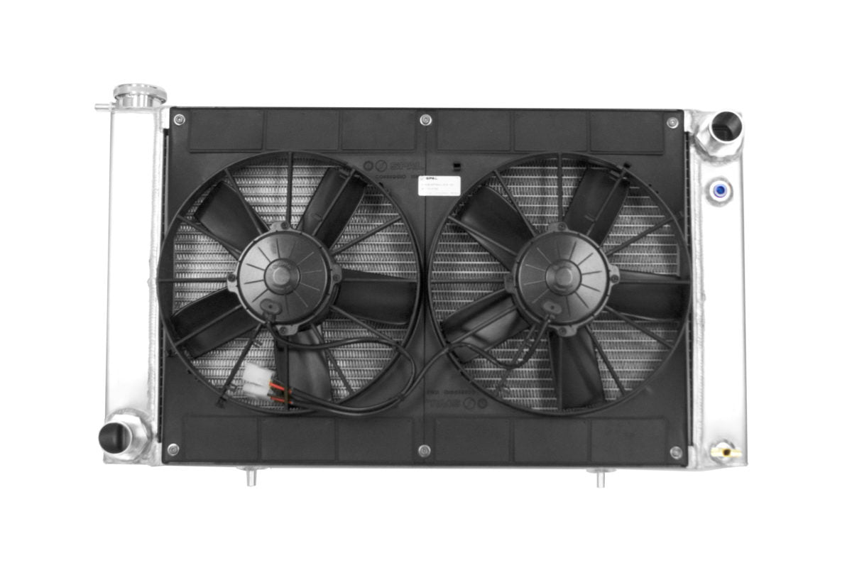 PWR Aluminum Radiator & Fan Kit - Trans Oil Cooler - 29.25 in W x 18.375 in H x 7.188 in D - Ford Coyote - Ford Mustang 1967-70