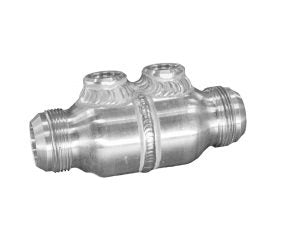 PWR Radiator Check Valve - 20 AN Male Inlet / Outlet - Two 8 AN Female O-Ring Ports