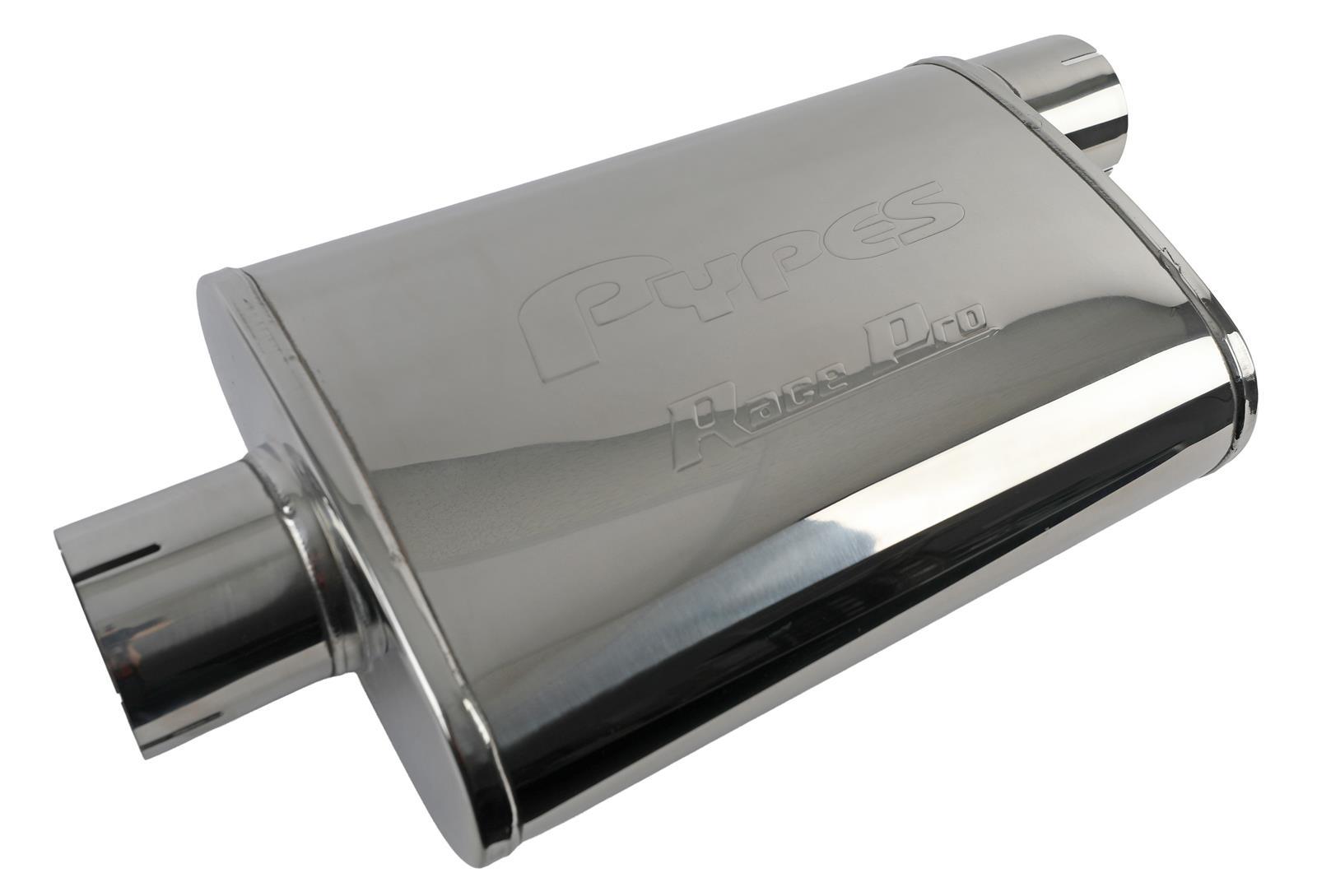 Pypes Race Pro Stainless Muffler - 3 in Offset Inlet / Center Outlet - 9.5 in x 4.5 in Oval Body - 14 in Long - Polished
