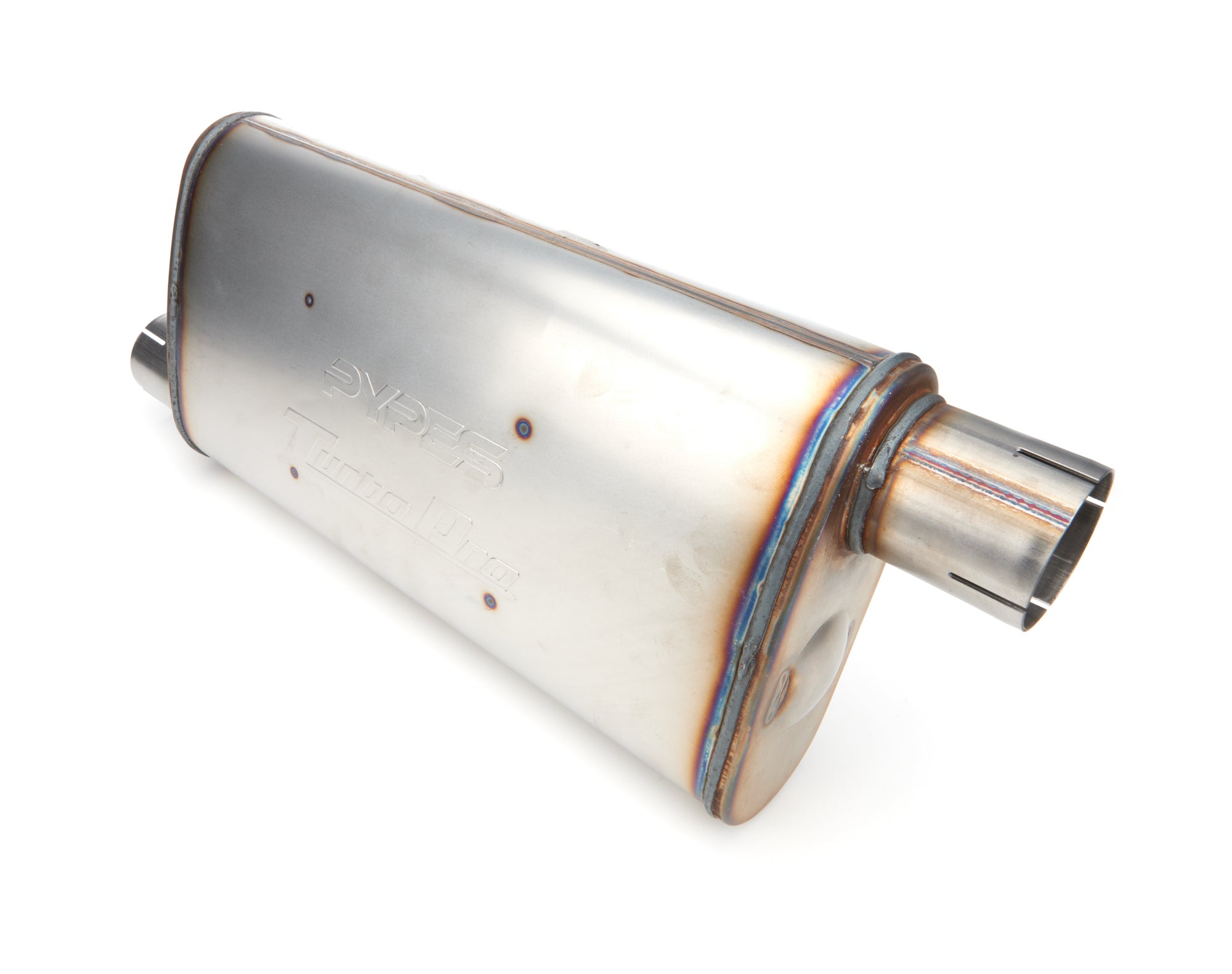 Pypes Turbo Pro Stainless Muffler - 2-1/2 in Offset Inlet / Outlet - 9-1/2 x 4-1/2 in Oval Body - 18 in Long