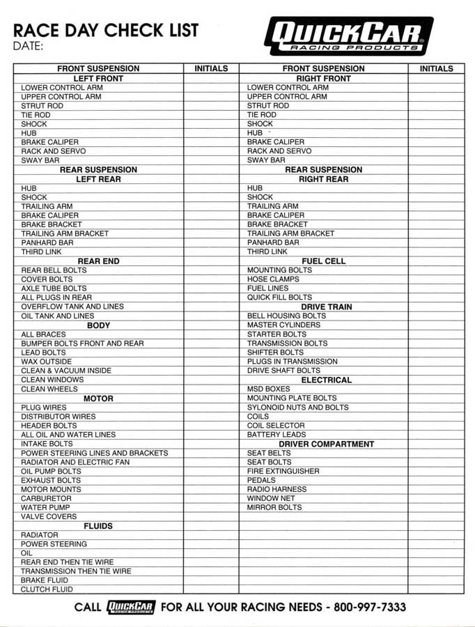 QuickCar Race Day Chart - 50 Sheet Pad