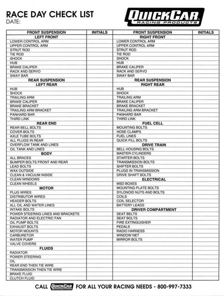 QuickCar Race Day Chart - 50 Sheet Pad