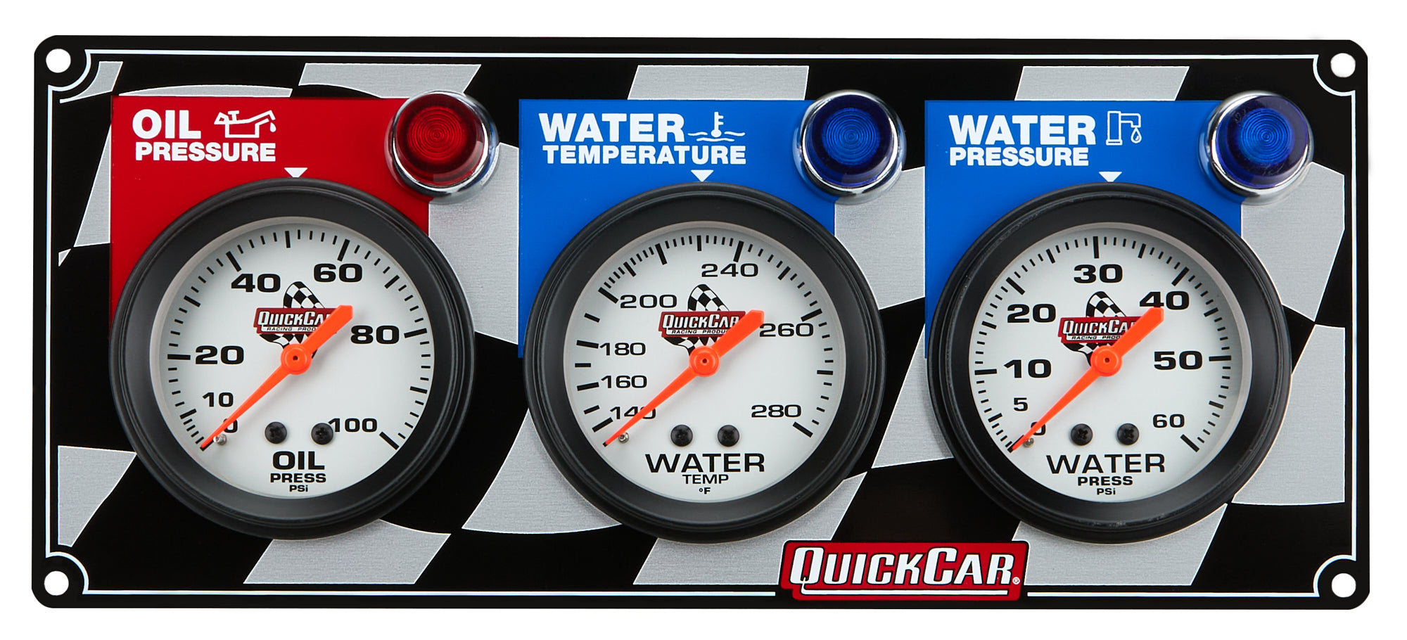 QuickCar Legend Series Gauge Panel Assembly - OP / WT / WP - 2-5/8 in Diameter - Checkered Flag Panel / White Face - Warning Lights