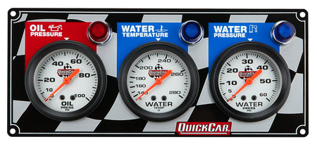 QuickCar Legend Series Gauge Panel Assembly - OP / WT / WP - 2-5/8 in Diameter - Checkered Flag Panel / White Face - Warning Lights