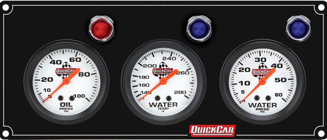QuickCar Legend Series Gauge Panel Assembly - OP / WT / WP - 2-5/8 in Diameter - Black Panel / White Face - Warning Lights