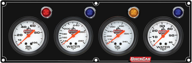 QuickCar Legend Series Gauge Panel Assembly - OP / OT / WT / WP - 2-5/8 in Diameter - Black Panel / White Face - Warning Lights