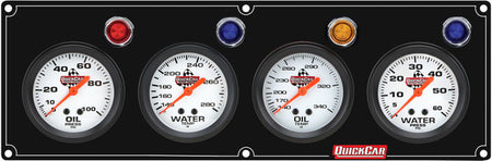 QuickCar Legend Series Gauge Panel Assembly - OP / OT / WT / WP - 2-5/8 in Diameter - Black Panel / White Face - Warning Lights
