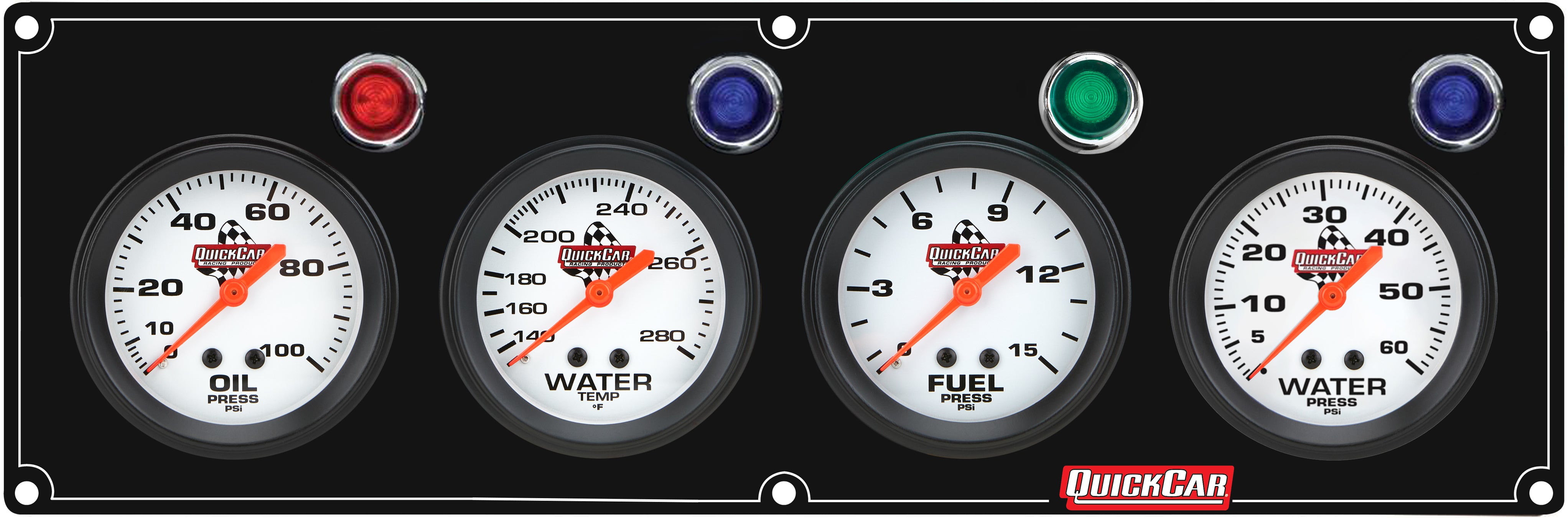 QuickCar Legend Series Gauge Panel Assembly - OP / FP / WT / WP - 2-5/8 in Diameter - Black Panel / White Face - Warning Lights