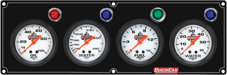 QuickCar Legend Series Gauge Panel Assembly - OP / FP / WT / WP - 2-5/8 in Diameter - Black Panel / White Face - Warning Lights