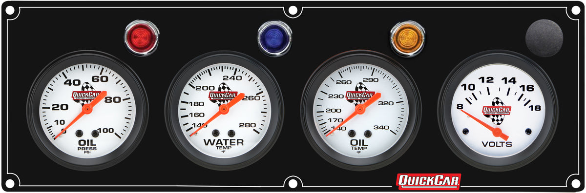 QuickCar Legend Series Gauge Panel Assembly - OP / OT / WT / Volt - 2-5/8 in Diameter - Black Panel / White Face - Warning Lights