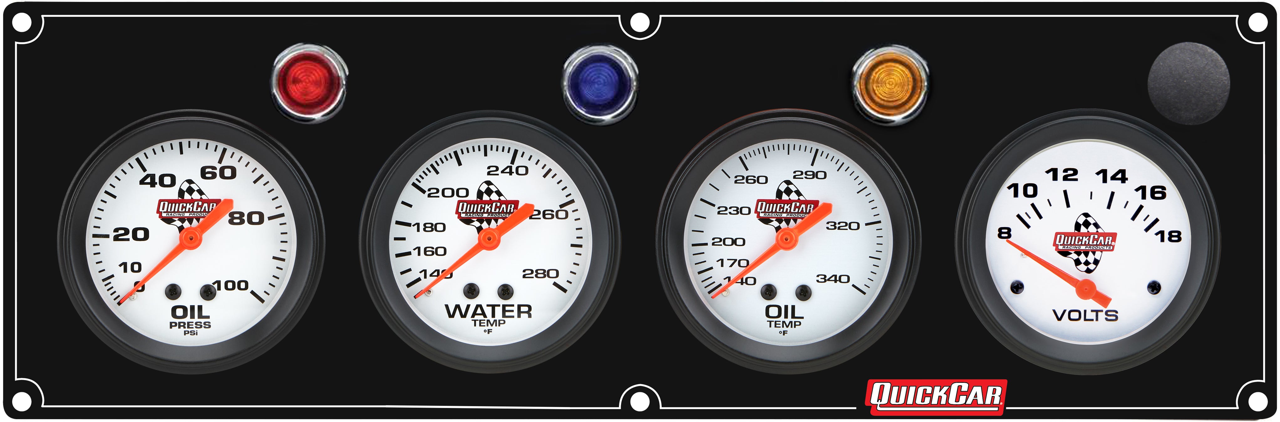 QuickCar Legend Series Gauge Panel Assembly - OP / OT / WT / Volt - 2-5/8 in Diameter - Black Panel / White Face - Warning Lights