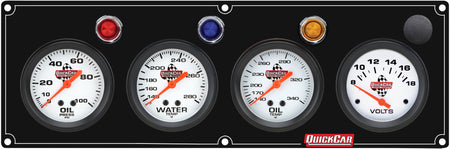 QuickCar Legend Series Gauge Panel Assembly - OP / OT / WT / Volt - 2-5/8 in Diameter - Black Panel / White Face - Warning Lights