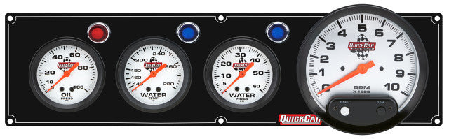 QuickCar Legend Series Gauge Panel Assembly - OP / WT / WP / 5 in Tach - 2-5/8 in Diameter - Black Panel / White Face - Warning Lights