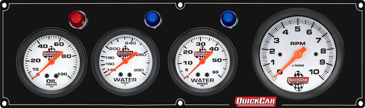 QuickCar Legend Series Gauge Panel Assembly - OP / WT / WP / 3-3/8 in Tach - 2-5/8 in Diameter - Black Panel / White Face - Warning Lights