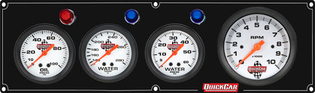 QuickCar Legend Series Gauge Panel Assembly - OP / WT / WP / 3-3/8 in Tach - 2-5/8 in Diameter - Black Panel / White Face - Warning Lights