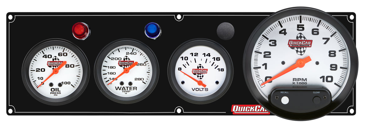 QuickCar Legend Series Gauge Panel Assembly - OP / WT / Volt / 5 in Tach - 2-5/8 in Diameter - Black Panel / White Face - Warning Lights