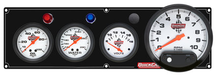 QuickCar Legend Series Gauge Panel Assembly - OP / WT / Volt / 5 in Tach - 2-5/8 in Diameter - Black Panel / White Face - Warning Lights