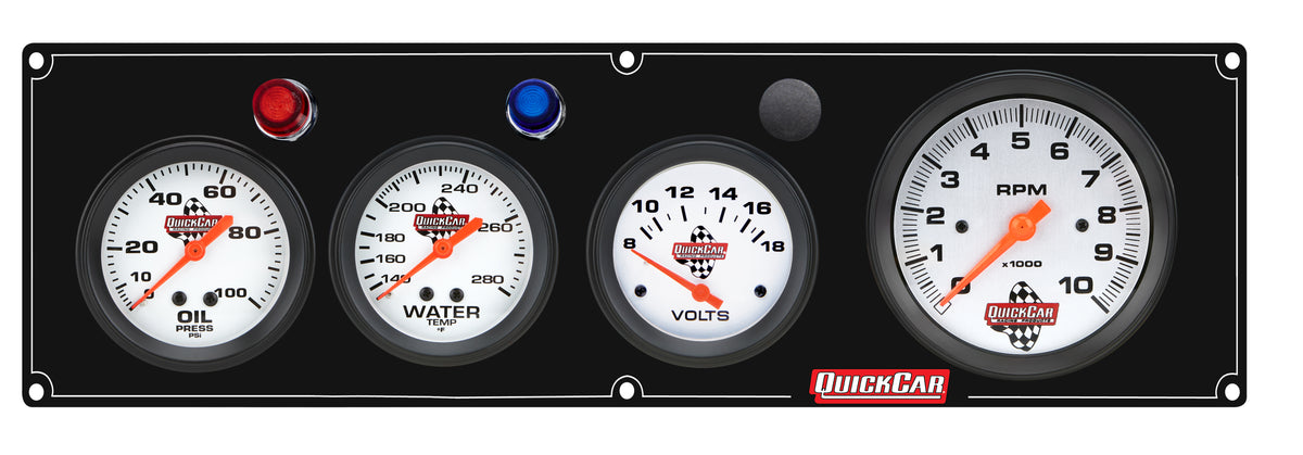 QuickCar Legend Series Gauge Panel Assembly - OP / WT / Volt / 3-3/8 in Tach - 2-5/8 in Diameter - Black Panel / White Face - Warning Lights