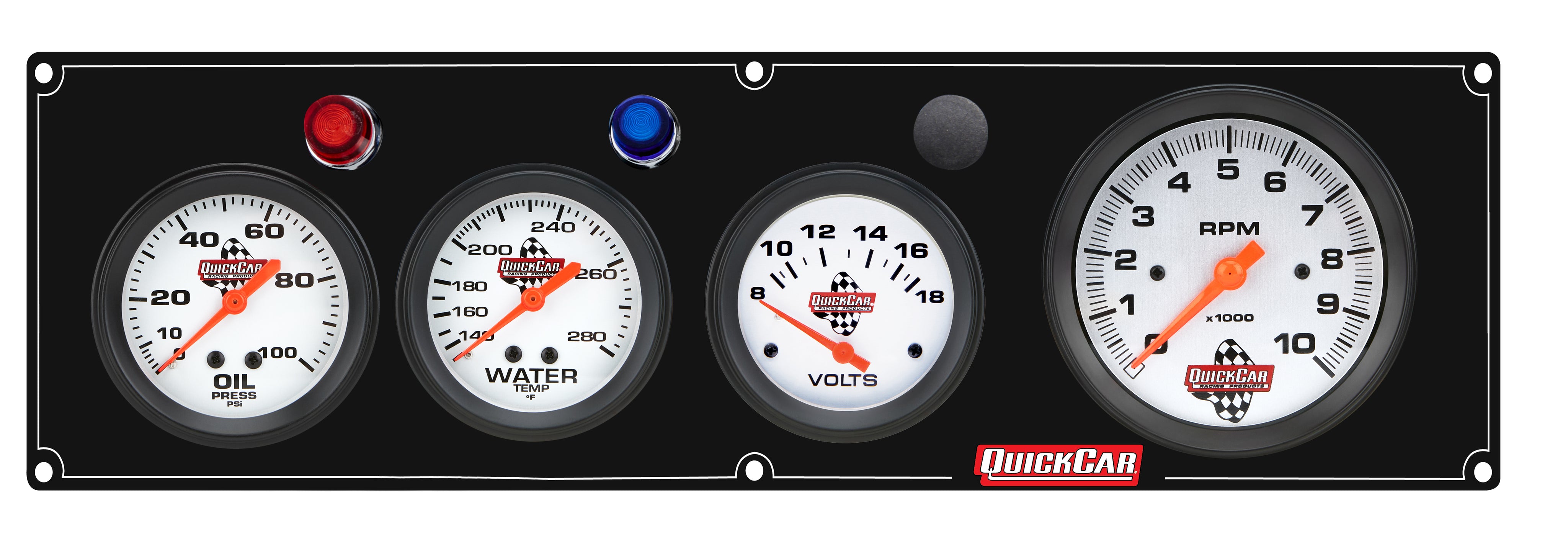 QuickCar Legend Series Gauge Panel Assembly - OP / WT / Volt / 3-3/8 in Tach - 2-5/8 in Diameter - Black Panel / White Face - Warning Lights