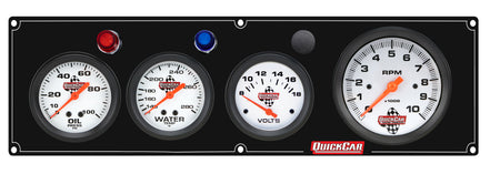 QuickCar Legend Series Gauge Panel Assembly - OP / WT / Volt / 3-3/8 in Tach - 2-5/8 in Diameter - Black Panel / White Face - Warning Lights