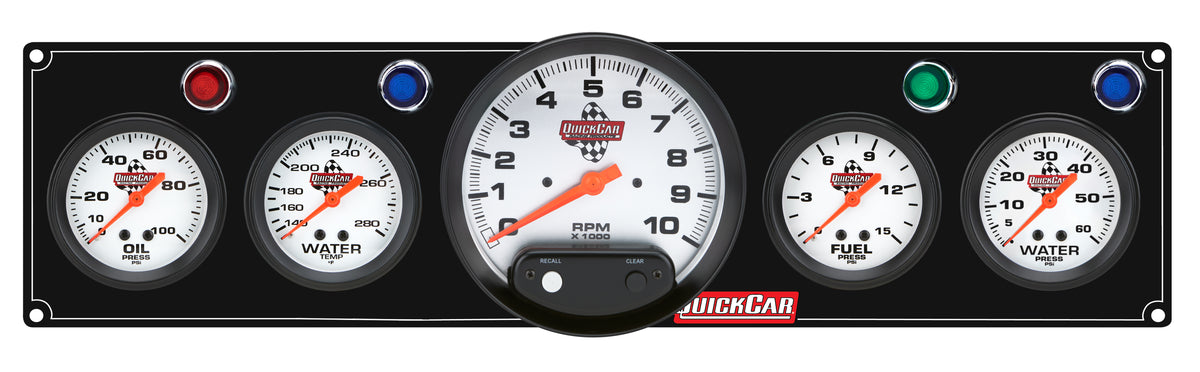 QuickCar Legend Series Gauge Panel Assembly - OP / FP / WT / WP / 5 in Tach - 2-5/8 in Diameter - Black Panel / White Face - Warning Lights