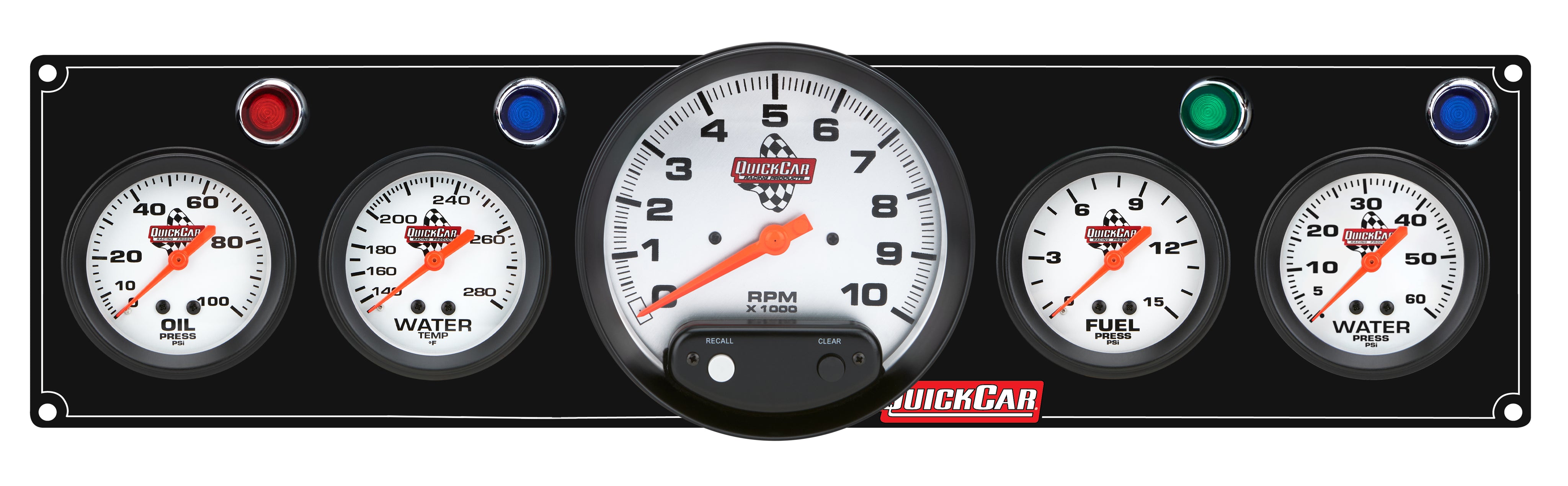 QuickCar Legend Series Gauge Panel Assembly - OP / FP / WT / WP / 5 in Tach - 2-5/8 in Diameter - Black Panel / White Face - Warning Lights