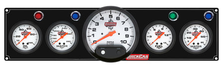 QuickCar Legend Series Gauge Panel Assembly - OP / FP / WT / WP / 5 in Tach - 2-5/8 in Diameter - Black Panel / White Face - Warning Lights
