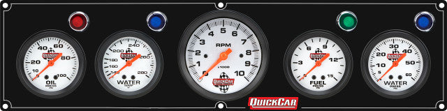 QuickCar Legend Series Gauge Panel Assembly - OP / FP / WT / WP / 3-3/8 in Tach - 2-5/8 in Diameter - Black Panel / White Face - Warning Lights