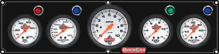 QuickCar Legend Series Gauge Panel Assembly - OP / FP / WT / WP / 3-3/8 in Tach - 2-5/8 in Diameter - Black Panel / White Face - Warning Lights