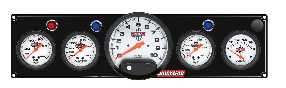 QuickCar Legend Series Gauge Panel Assembly - OP / OT / WT / Volt / 5 in Tach - 2-5/8 in Diameter - Black Panel / White Face - Warning Lights