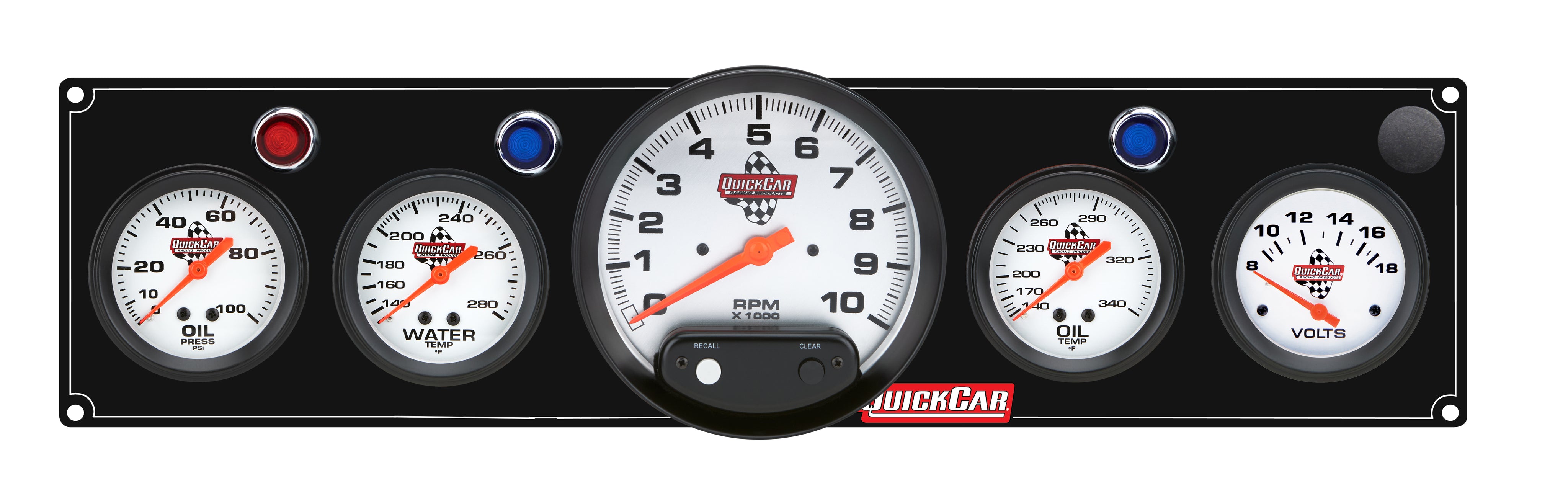 QuickCar Legend Series Gauge Panel Assembly - OP / OT / WT / Volt / 5 in Tach - 2-5/8 in Diameter - Black Panel / White Face - Warning Lights