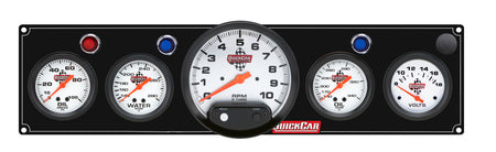 QuickCar Legend Series Gauge Panel Assembly - OP / OT / WT / Volt / 5 in Tach - 2-5/8 in Diameter - Black Panel / White Face - Warning Lights