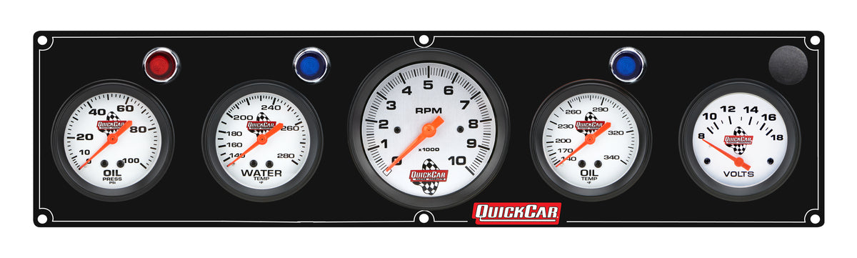 QuickCar Legend Series Gauge Panel Assembly - OP / OT / WT / Volt / 3-3/8 in Tach - 2-5/8 in Diameter - Black Panel / White Face - Warning Lights