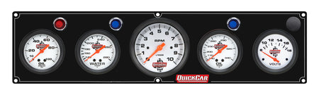 QuickCar Legend Series Gauge Panel Assembly - OP / OT / WT / Volt / 3-3/8 in Tach - 2-5/8 in Diameter - Black Panel / White Face - Warning Lights