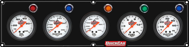 QuickCar Legend Series Gauge Panel Assembly - FP / OP / OT / WT / WP - 2-5/8 in Diameter - Black Panel / White Face - Warning Lights