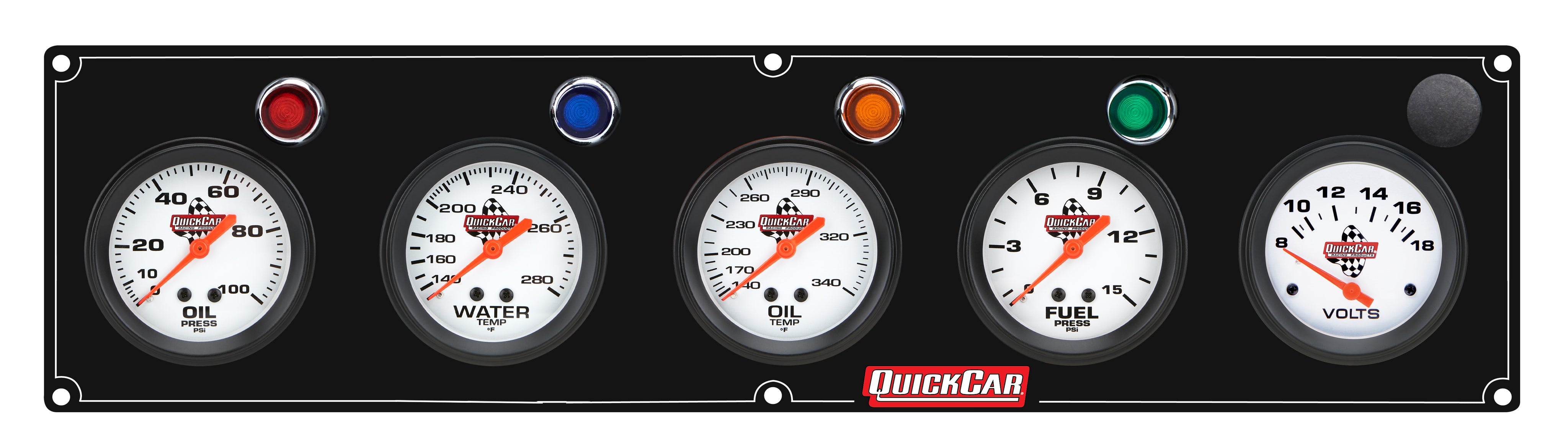 QuickCar Legend Series Gauge Panel Assembly - FP / OP / OT / WT / Volt - 2-5/8 in Diameter - Black Panel / White Face - Warning Lights