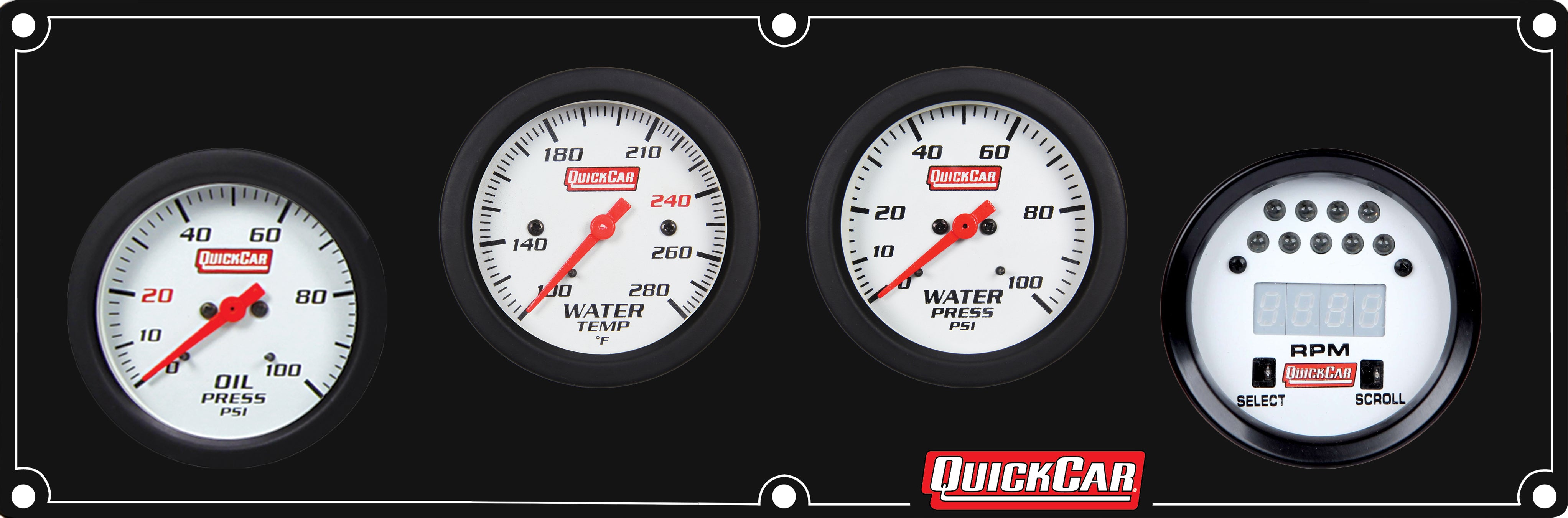 QuickCar Extreme Gauge Panel Assembly - OP / WT / WP / Extreme Digital Tach - 2-5/8 in Diameter - Black Panel / White Face - Warning Lights