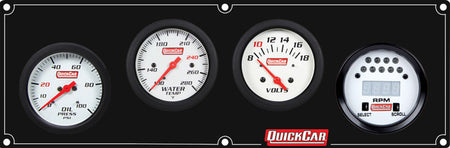 QuickCar Extreme Gauge Panel Assembly - OP / WT / Volt / Extreme Digital Tach - 2-5/8 in Diameter - Black Panel / White Face - Warning Lights