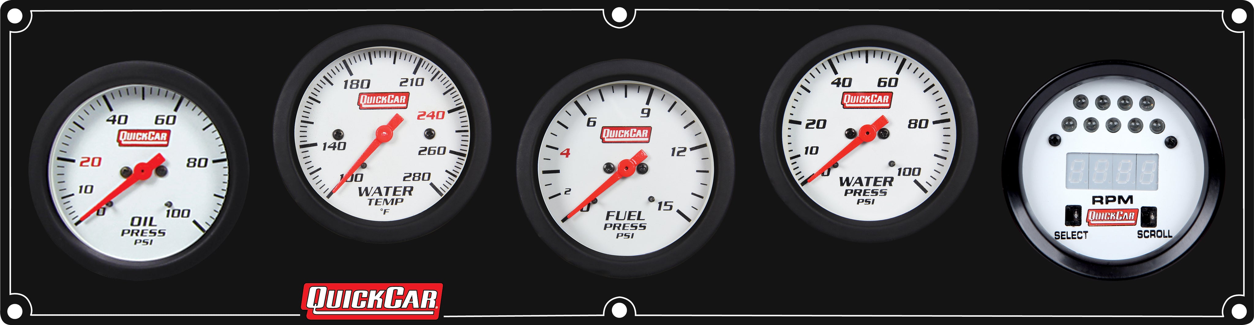 QuickCar Extreme Gauge Panel Assembly - FP / OP / WT / WP / Extreme Digital Tach - 2-5/8 in Diameter - Black Panel / White Face - Warning Lights